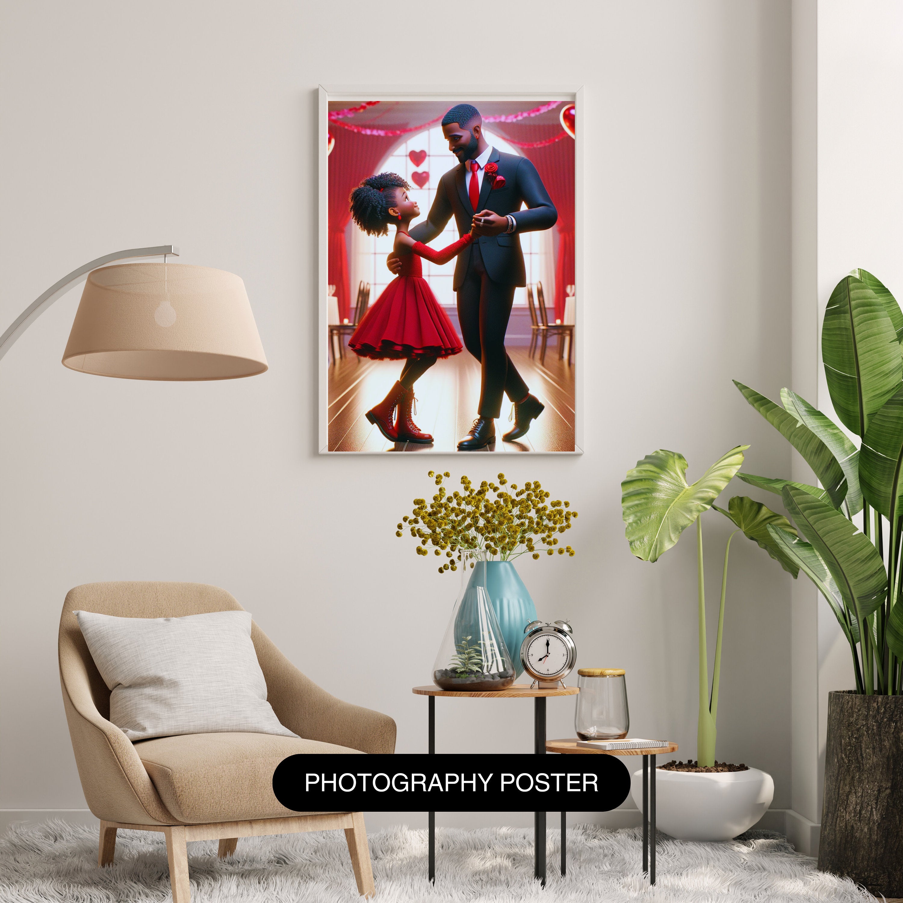 Joyful Dad and Girl Celebration Art, Valentine's Day Illustration, Printable Wall Decor, Happy Party Scene Digital Art, Home Styling, Ai Art
