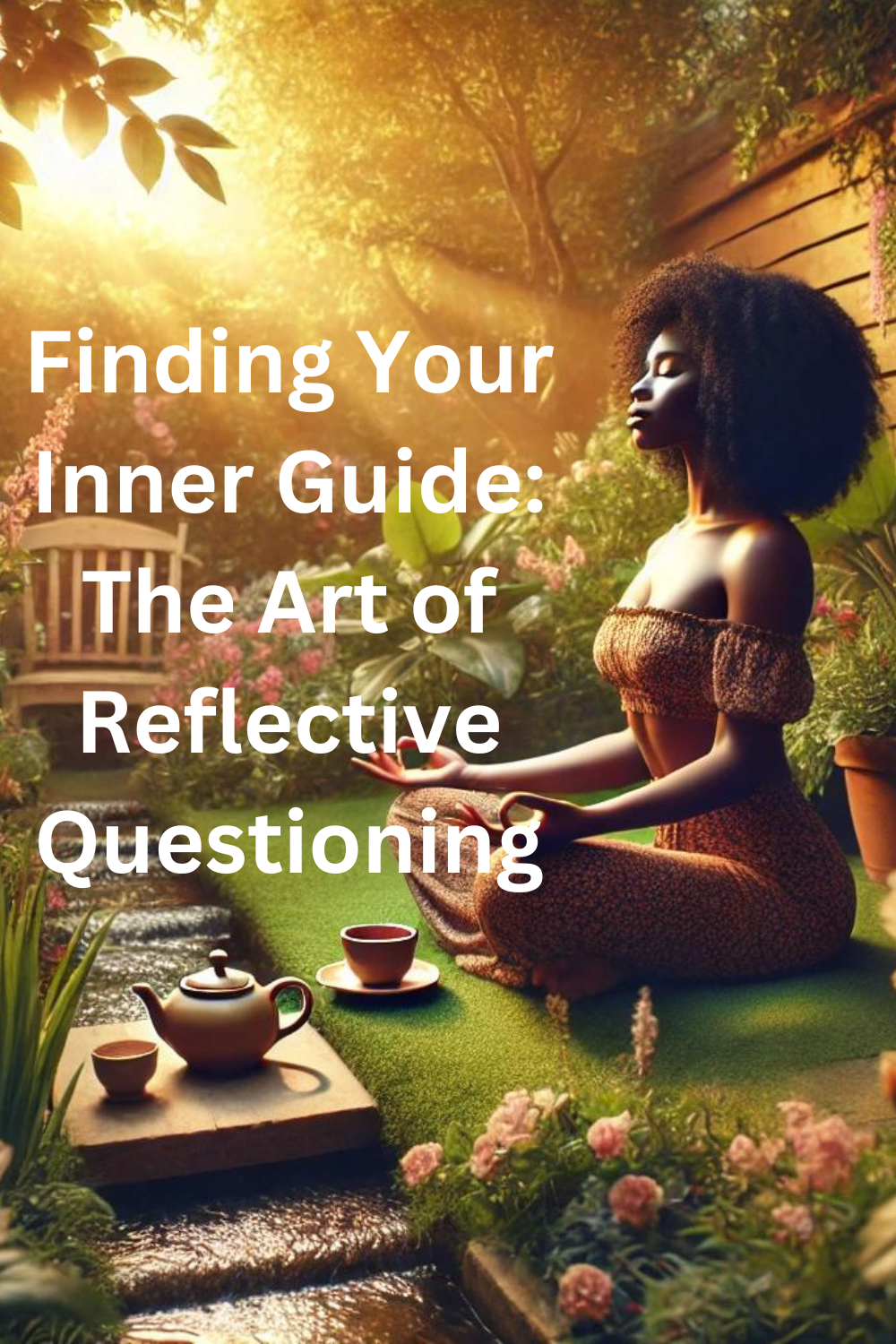 Black woman in a serene meditation setting with tea, embodying self-empowerment and mindfulness