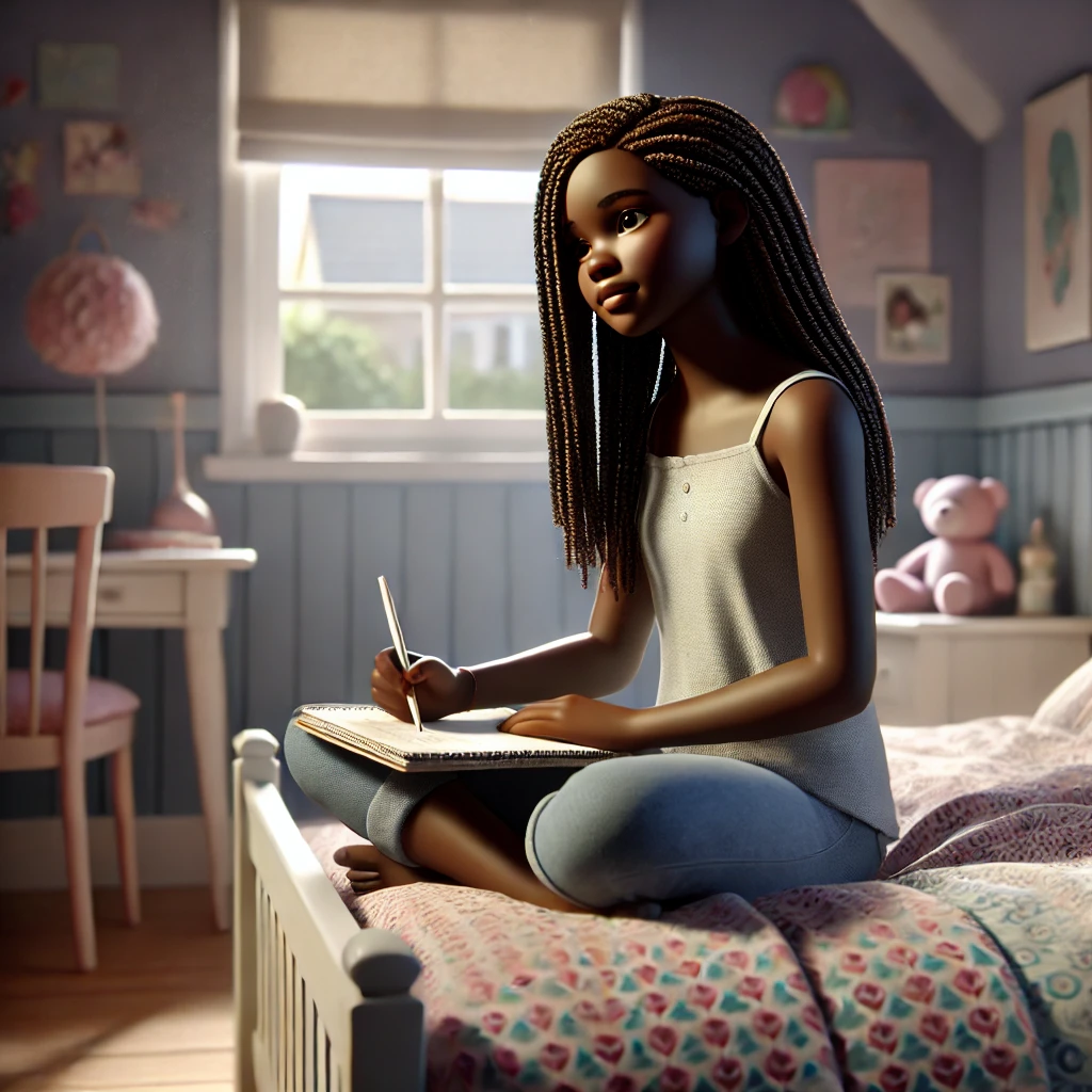 AI created image of Black girl writing in her journal on a bed in her bedroom.